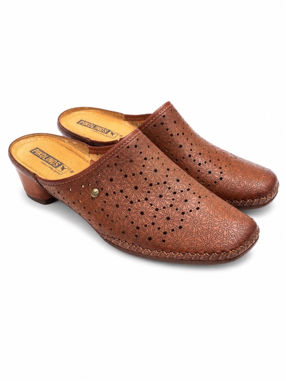 PIKOLINOS Brown Perforated Leather Mule Clogs